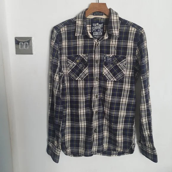 Superdry navy check shirt Medium mens slim fit - Picture 2 of 5